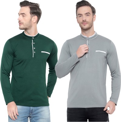 GAGCOBIA Solid Men Mandarin Collar Dark Green, Grey T-Shirt