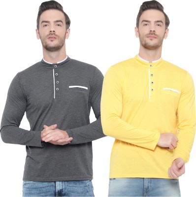 PHINSTAR Solid Men Henley Neck Grey, Yellow T-Shirt