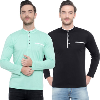 Jangoboy Solid Men Henley Neck Light Green T-Shirt