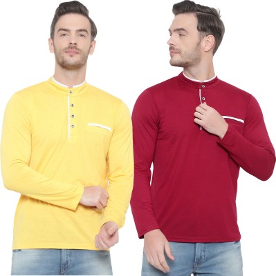 GAGCOBIA Solid Men Henley Neck Maroon, Yellow T-Shirt