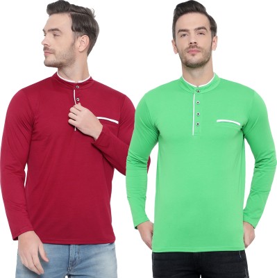 GAGCOBIA Solid Men Henley Neck Red, Green T-Shirt