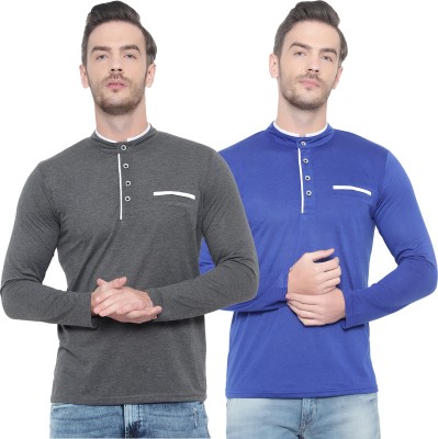 PHINSTAR Solid Men Henley Neck Blue, Grey T-Shirt