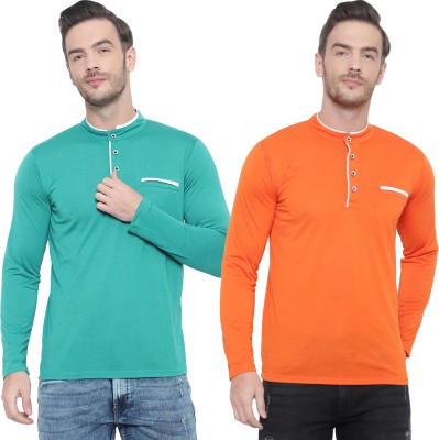 GAGCOBIA Solid Men Henley Neck Orange, Light Green T-Shirt