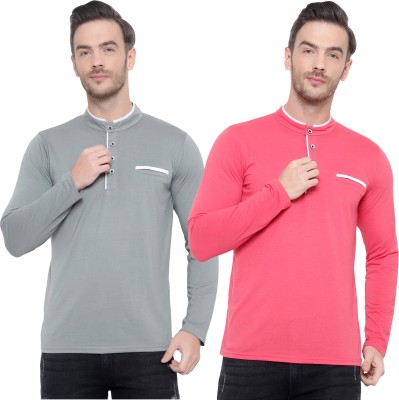 GAGCOBIA Solid Men Mandarin Collar Pink, Grey T-Shirt