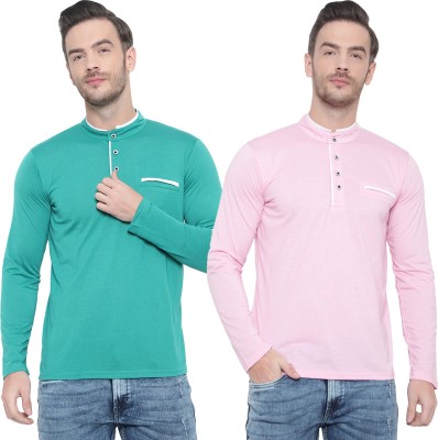 GAGCOBIA Solid Men Henley Neck Pink, Light Green T-Shirt