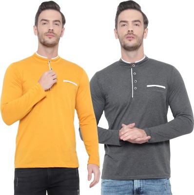 Adorbs Solid Men Henley Neck Yellow T-Shirt