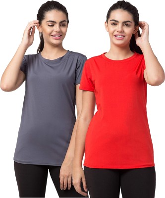 UDI n ADI Solid Women Round Neck Grey, Red T-Shirt