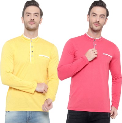 GAGCOBIA Solid Men Henley Neck Pink, Yellow T-Shirt