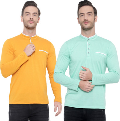 Adorbs Solid Men Henley Neck Yellow T-Shirt