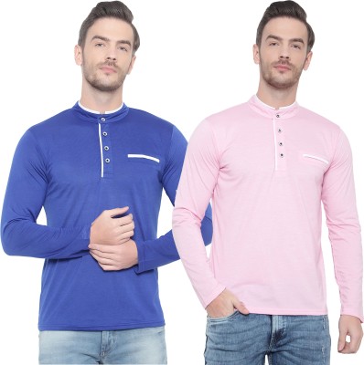 GAGCOBIA Solid Men Mandarin Collar Blue, Pink T-Shirt