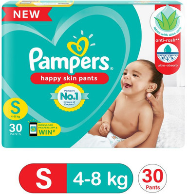 Pampers Happy Skin Pants, Small size baby diapers (SM) 30 Count, Lotion with Aloe Vera - S(30 Pieces)