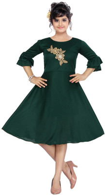 Samshil Fashion Girls Midi/Knee Length Festive/Wedding Dress(Green, 3/4 Sleeve)