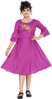 Samshil Fashion Girls Midi/Knee Length Casual Dress(Purple, 3/4 Sleeve)