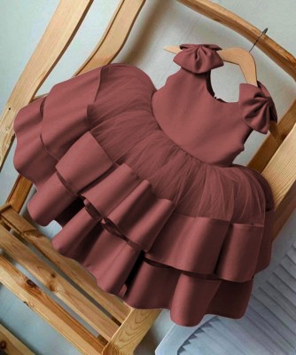 FabricFusion Indi Girls Midi/Knee Length Party Dress(Brown, Sleeveless)