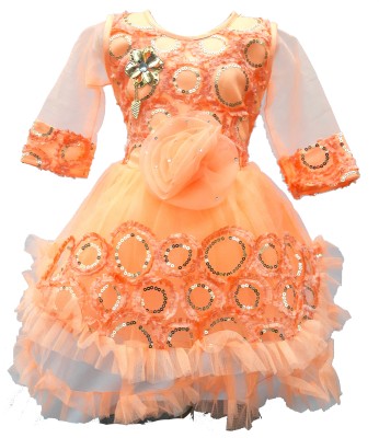 DRESS COLLECTION Baby Girls Midi/Knee Length Festive/Wedding Dress(Orange, Full Sleeve)