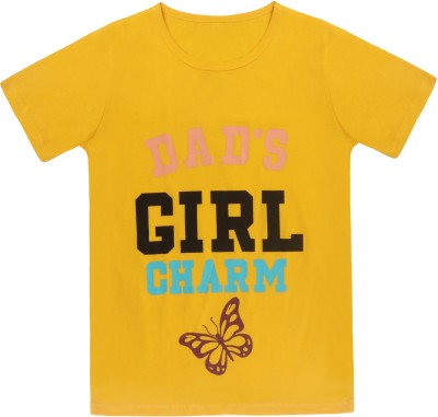 snowball Girls Typography, Printed Cotton Blend T Shirt(Yellow, Pack of 1)