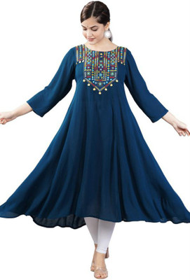 Hi Fashion Women Embroidered Flared Kurta(Dark Blue)