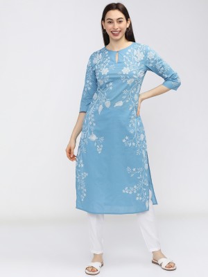 Vishudh Women Printed Straight Kurta(Blue)