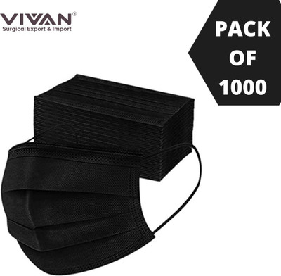 vivan surgical export and import black mask with nosepin Surgical Mask With Melt Blown Fabric Layer(Free Size, Pack of 1000, 2 Ply)