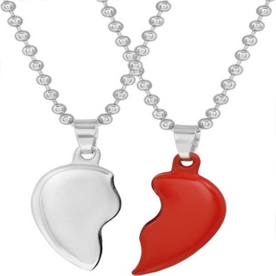 NNPRO Valentine Day His And Her Couple I Love You Red And Silver Locket With Chain Silver, Rhodium Alloy, Stainless Steel Locket Set