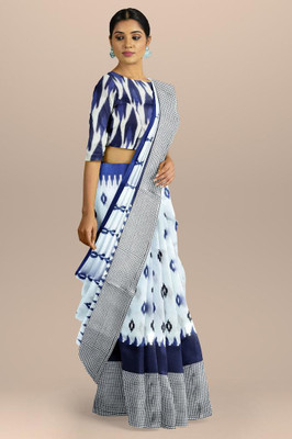RADHA LAKSHMI Printed Bollywood Pure Cotton Saree(White, Blue)
