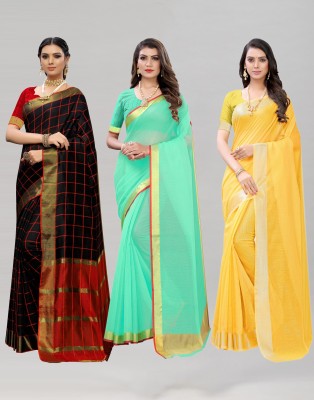 Siril Plain Banarasi Cotton Silk Saree(Pack of 3, Black, Light Green, Yellow)
