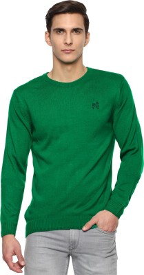 VAN HEUSEN Solid Round Neck Casual Men Green Sweater