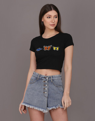 Kamedge Printed Women Round Neck Black T-Shirt