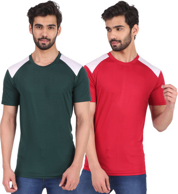 London Hills Pack Of 2 Men Colorblock Round Neck Polyester Green, Maroon T-Shirt For Rs. 299 @ 88 %