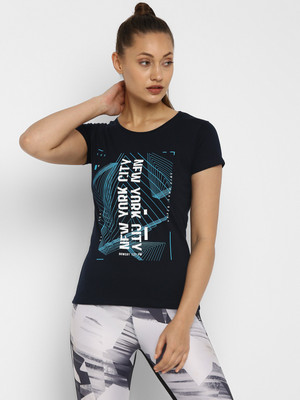 Ap'pulse Printed Women Round Neck Navy Blue T-Shirt