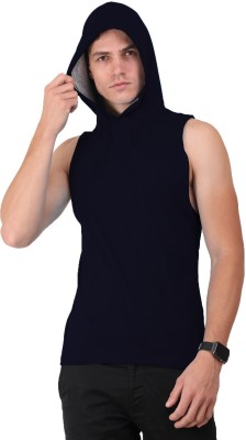 THE BLAZZE Solid Men Hooded Neck Blue T-Shirt