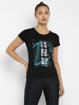 Ap'pulse Printed Women Round Neck Black T-Shirt