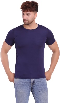 KASPY Solid Men Round Neck Navy Blue T-Shirt