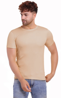 KASPY Solid Men Round Neck Beige T-Shirt