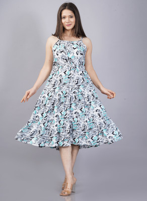 Bhawanaprint Women Skater Grey Midi/Calf Length Dress