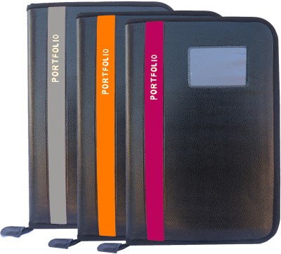 Kopila PU Leather 20 Leefs Office Document,certificate,Confrence,Zipper File Folder(Set Of 3, Grey & Orange & Pink)