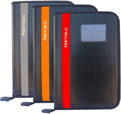 Kopila PU Leather 20 Leefs Office Document,certificate,Confrence,Zipper File Folder(Set Of 3, Grey & Orange & Red)
