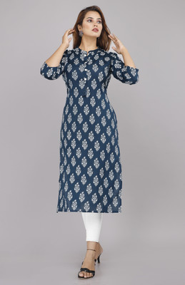 WOLKA Women Printed Straight Kurta(Dark Blue)