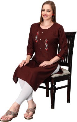 Mojca Fashion Women Embroidered Straight Kurta(Brown)