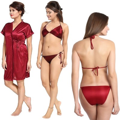 GOODNIGHT GLAM Women Robe and Lingerie Set(Maroon)