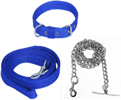 chullbull pet products Dog Belt Combo Nylon Collar with Heavy Chain Leash Dog Collar & Leash durable Dog & Cat Collar & Chain(Medium, BLUE)
