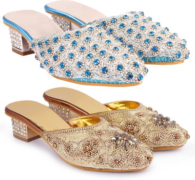 Zionk Women Blue, Gold, Silver Heels