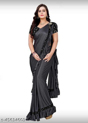 fem hub Solid/Plain Daily Wear Lycra Blend Saree(Grey)