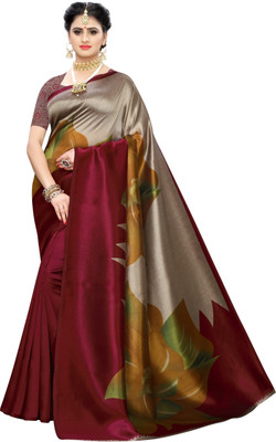 Suali Floral Print Bollywood Art Silk Saree(Brown)