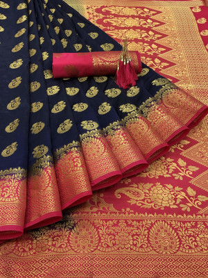 KanjiQueen Woven Kanjivaram Silk Blend Saree(Blue, Pink)