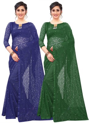 VIHAT ENTERPRISE Self Design Lucknow Chikankari Net Saree(Pack of 2, Dark Blue, Dark Green)