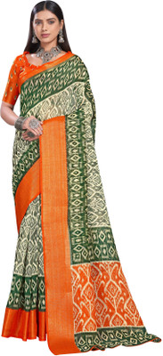 sareela Printed Ikkat Cotton Blend, Art Silk Saree(Green, Orange)