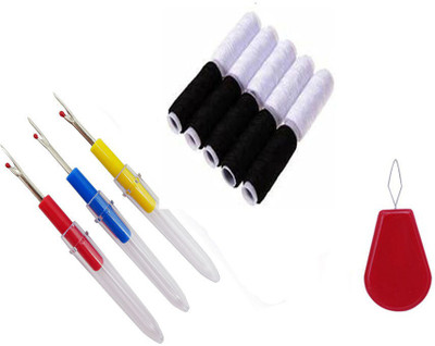 Crafts Haveli 3 Seam Ripper, 1 Needle Threader & 10 B/W Thread Spool Sewing Kit