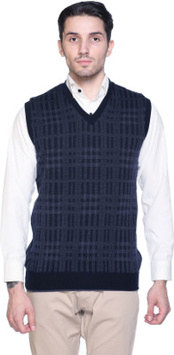 aarbee Checkered V Neck Casual Men Reversible Blue Sweater