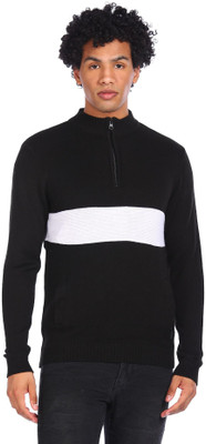 FLYING MACHINE Colorblock High Neck Casual Men Black, White Sweater